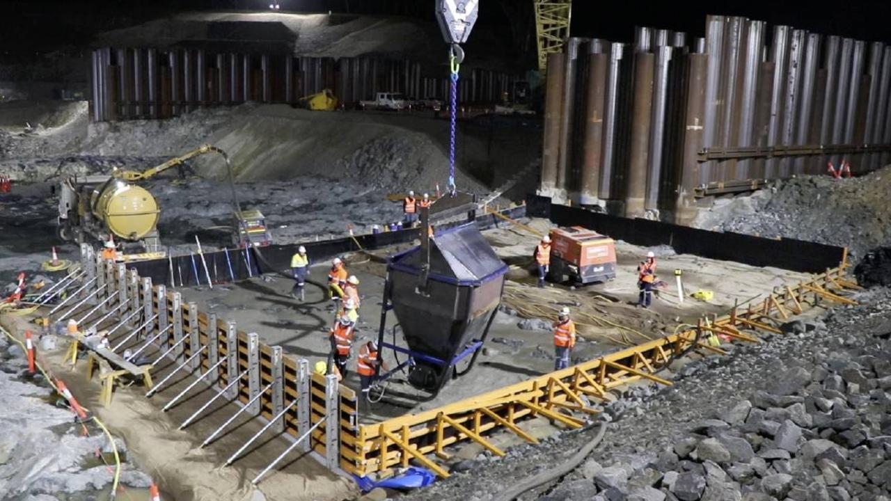 Concrete is poured at the Rookwood Weir project near Rockhampton, in September, 2021.