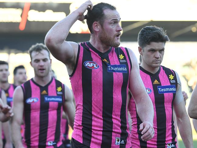 Jarryd Roughhead (third from right) leads the Hawks from the ground after the Round 17 AFL match between the Hawthorn Hawks and the Brisbane Lions at the University of Tasmania Stadium in Launceston, Saturday, July 14, 2018. (AAP Image/Julian Smith) NO ARCHIVING, EDITORIAL USE ONLY