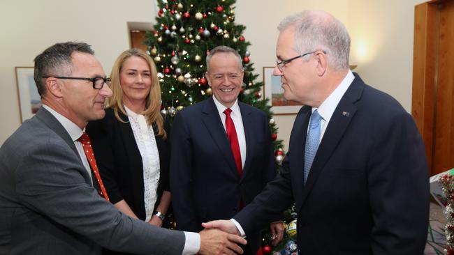 Scott Morrison with Bill Shorten and Richard Di Natale in the Prime Minister’s office today. Picture: Gary Ramage.