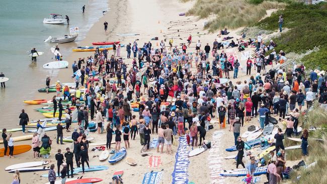 Protesters at Cremorne took to the water to oppose salmon farm expansion by Petuna in Storm Bay. Picture: Ian Sale