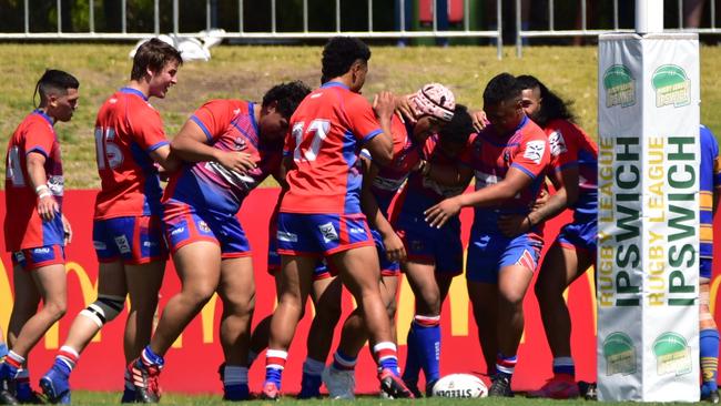 Redbank Plains celebrate a try in the Rugby League Ipswich Colts grand final against the Norths Tigers. Picture: Bruce Clayton