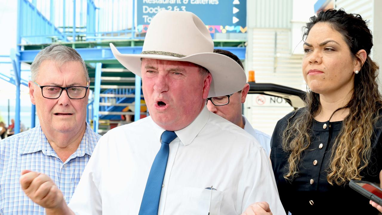 Damien Ryan, Barnaby Joyce, centre, and Jacinta Nampijinpa Price at Darwin Stokes Hill Wharf Picture Julianne Osborne