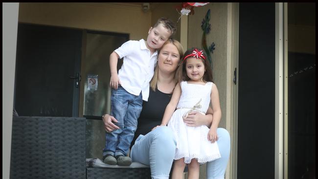 Cortney Fitzpatrick with her twins Hudson and Summer, 5, is now pregnant with twins again and has only had antenatal appointments by phone. Picture: Jamie Hanson