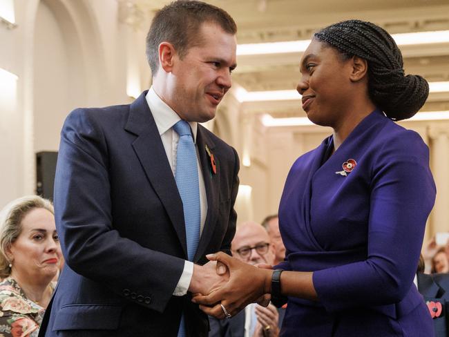 Kemi Badenoch is congratulated by Robert Jenrick who she beat to become leader. Picture: Getty Images