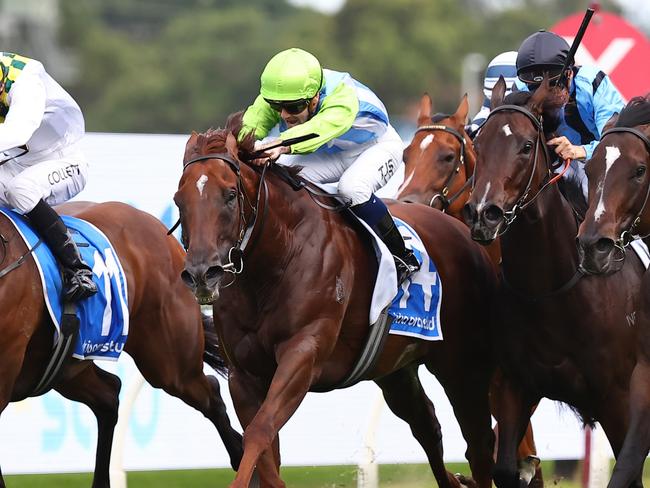 SYDNEY, AUSTRALIA - MARCH 23: Kerrin Mcevoy riding Zapateo wins Race 9 KIA Ora Galaxy  during the Golden Slipper Day - Sydney Racing at Rosehill Gardens on March 23, 2024 in Sydney, Australia. (Photo by Jeremy Ng/Getty Images)