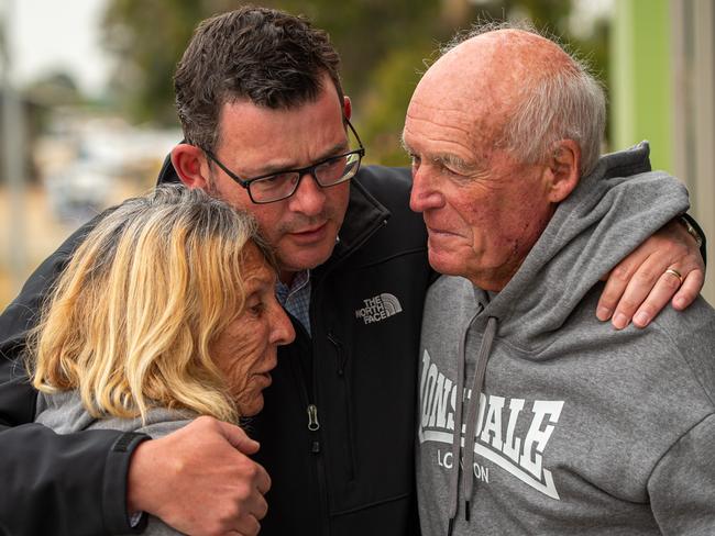 Premier Daniel Andrews speaks to Jilly brown and husband Mel after they lost their 120 year old Sarsfeild Home and Accomodation business  0472675040Daughter Emily OÕBrien brown Victorian Premier Daniel Andrews Lisa Neville MP and Andrew Crisp Emergency Management Commissioner Visiting the Gipsland Fires. Bairnsdale relief and co-ordination Centres. Picture: Jason Edwards