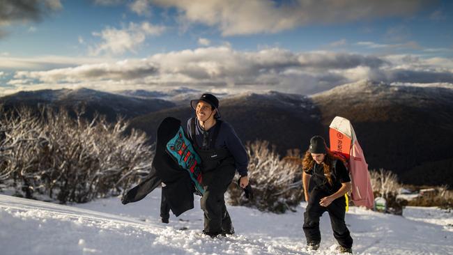 Rentaro Thomas, 20, from Sydney, and Thomas Frieberg, 24, from Brisbane on their way to the top of Walkabout run at Thredbo, NSW, at the weekend. Picture: Sean Davey