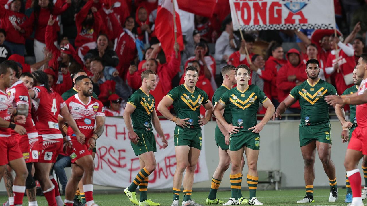 A dejected looking Australia during the upset loss to Tonga.