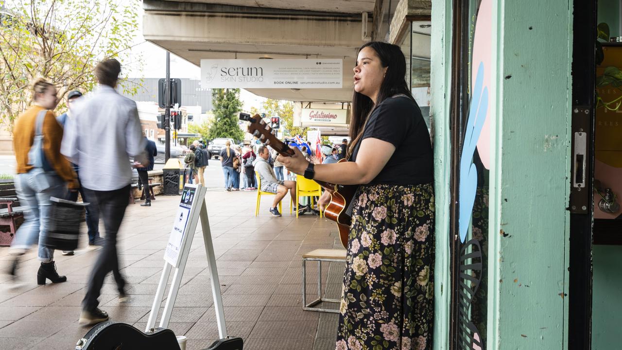 Vanessa Miller performs as part of the Toowoomba Busking Festival, Saturday, April 30, 2022. Picture: Kevin Farmer