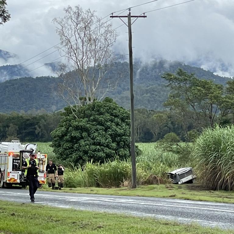 A car has gone into a ditch by Mackay Eungella Rd after a two vehicle crash on Monday March 25, 2024. Photo: Fergus Gregg