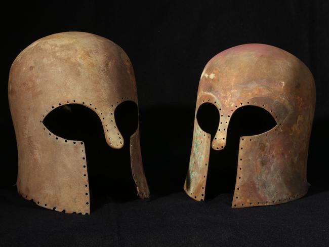 Two Corinthian-style helmets recovered from the wreck off Gela, Sicily. Picture: Sebastiano Tusa, Superintendent of the Sea-Sicily Region