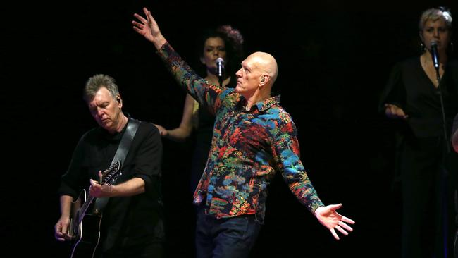 Peter Garrett, with Martin Rotsey (left), at Midnight Oil’s Makarrata Live show on Saturday. Picture: Mike Dugdale