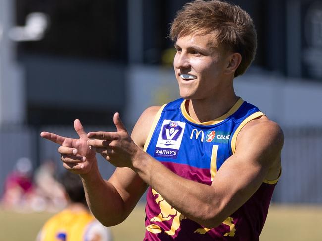 BRISBANE, AUSTRALIA - SEPTEMBER 09: Kai Lohmann of the Lions celebrates a goal during the 2023 VFL Semi Final match between the Brisbane Lions and Williamstown at Brighton Homes Arena on September 09, 2023 in Brisbane, Australia. (Photo by Russell Freeman/AFL Photos via Getty Images)