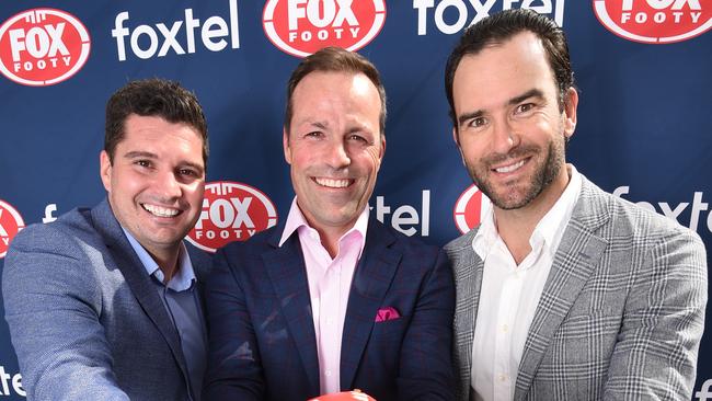 Jordan Lewis with Fox Footy colleagues Leigh Montagna and Brad Johnson. Picture: Tony Gough