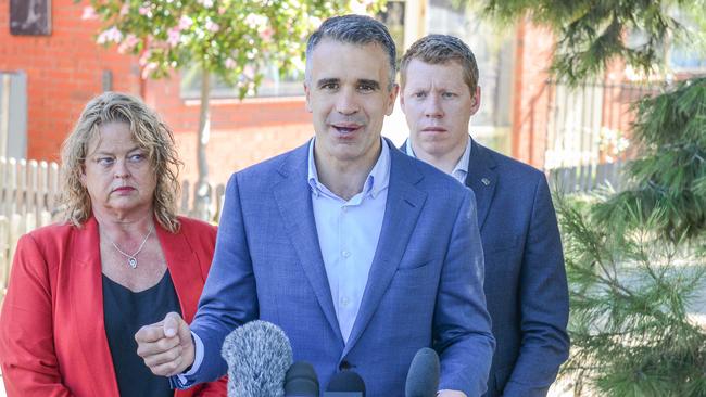 Opposition leader Peter Malinauskas with the shawdow spokeswoman for Human Services Nat Cook and the member for Cheltenham Joe Szakacs at today’s announcement at Queenstown. March 12, 2022 Picture: Brenton Edwards