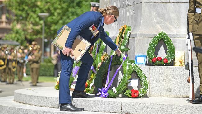 Wreaths placed at the War Memorial on North Tce. Picture: Tom Huntley