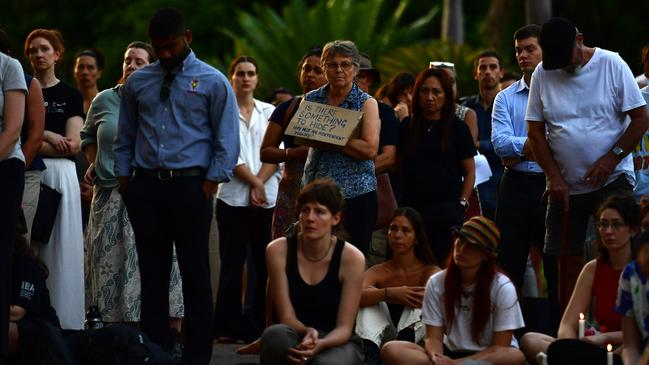 Hundreds of Top End residents gathered outside the NT Parliament on Wednesday for a vigil for Kumanjayi White, a 24-year-old Warlpiri man with a disability who died after being restrained by police in the Alice Springs Coles. Picture: Zizi Averill