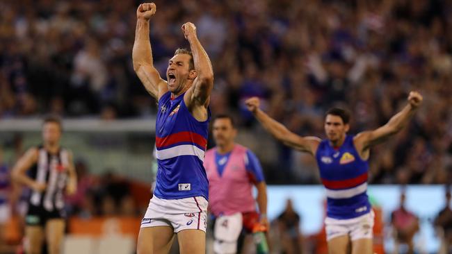 Travis Cloke celebrates his first goal as a Bulldog. Picture: Michael Klein