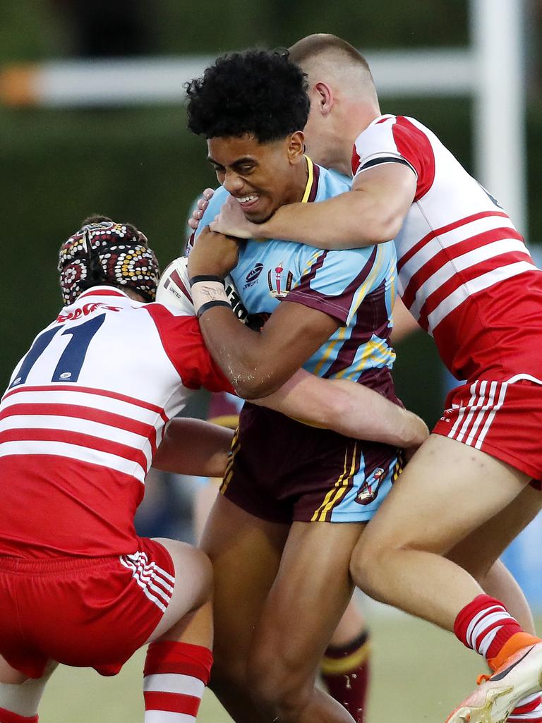 Keebra Park’s Jahream Bula tackled during the 2020 Langer Trophy grand final.