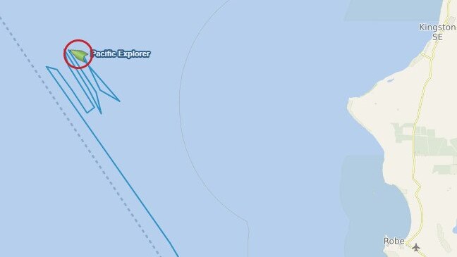 The Pacific Explorer was sitting off the coast of Cape Jaffa, but has since started travelling back towards Melbourne. Picture: Cruise Mapper