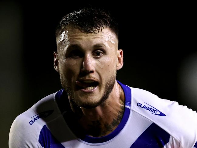 SYDNEY, AUSTRALIA - FEBRUARY 15: Bronson Xerri of the Bulldogs runs the ball during the NRL Pre-season challenge match between Canterbury Bulldogs and Melbourne Storm at Belmore Sports Ground on February 15, 2024 in Sydney, Australia. (Photo by Brendon Thorne/Getty Images)