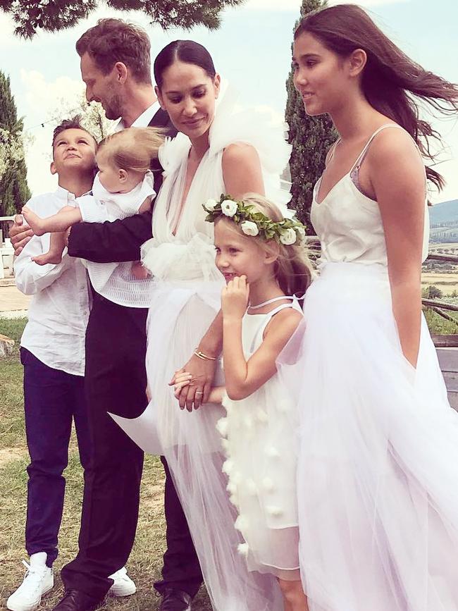 Ellis and Klim’s Tuscan wedding with the children and baby daughter Goldie in August last year. (Picture: Supplied)