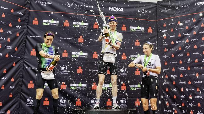 Winners of the female Ironman 70.3 Tasmania in Hobart on Sunday 4th February 2024. L-R Grace Thek 2nd, Chelsea Sodaro 1st, and Hanne De Vet 3rd. Picture: Linda Higginson