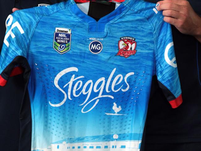 ( l to r ) Jake Friend and Boyd Cordner at the Sydney Roosters media call to announce a new sponsor magic Glass logo on their jersey.