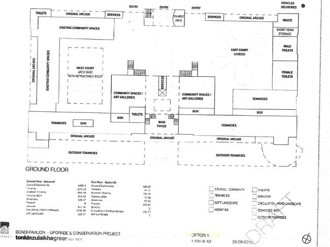 The option one downstairs floor plan drawing for the upgrade of Bondi Pavilion.