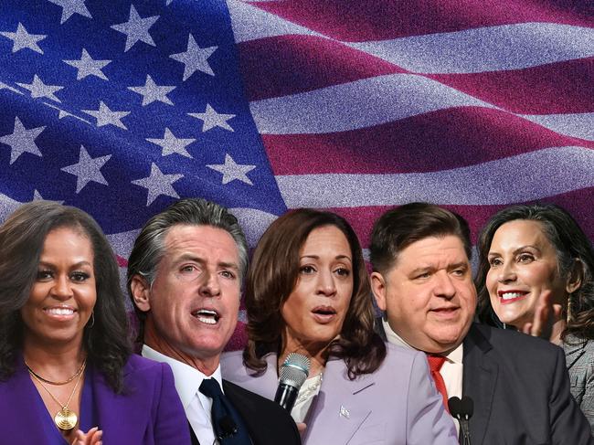 1 July 2024; A photo comp of Kamala Harris, Gavin Newsom, J.B. Pritzker,  Michelle Obama and Gretchen Whitmer. Collage. Sources supplied.