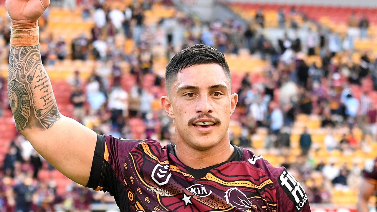 BRISBANE, AUSTRALIA - JULY 04: Kotoni Staggs of the Broncos celebrates victory after the round 16 NRL match between the Brisbane Broncos and the Cronulla Sharks at Suncorp Stadium, on July 04, 2021, in Brisbane, Australia. (Photo by Bradley Kanaris/Getty Images)