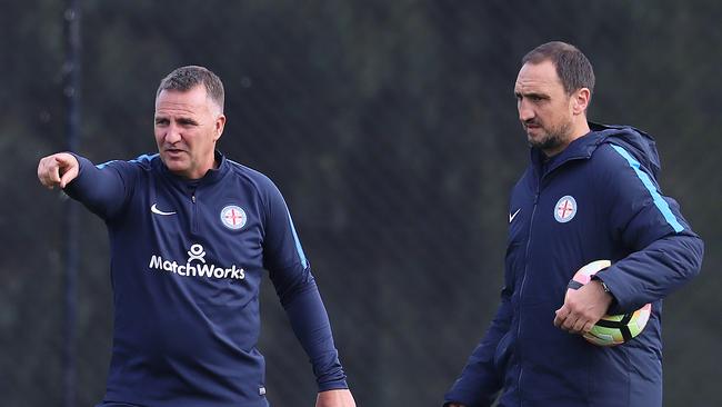 Melbourne City's new coach Warren Joyce with Michael Valkanis.