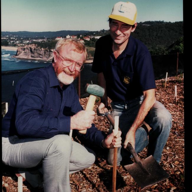 Warringah Shire councillor Brian Green (left) and a member of the Rotary Club of Pittwater planting vegetation along the Bicentennial Coastal Walk and Wetlands in 1988. Picture: Northern Beaches Council Library