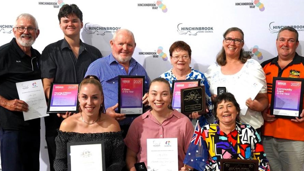 Hinchinbrook Australia Day Award winners, including double Hinchinbrook Shire Citizen Award recipients Rita and Keith Phillips (centre, rear, in blue). Picture: Supplied