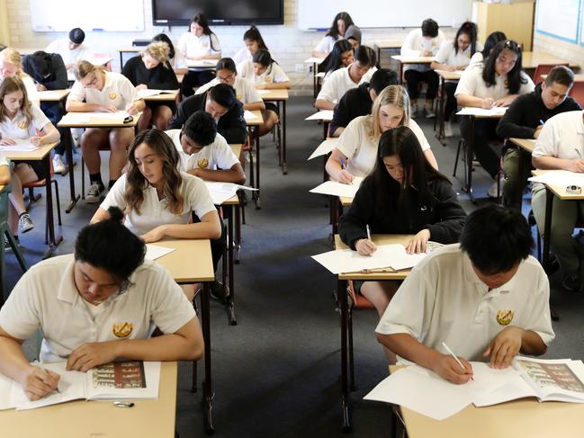 St Marys Senior High School students during the first day of the HSC exams. Picture: Jonathan Ng