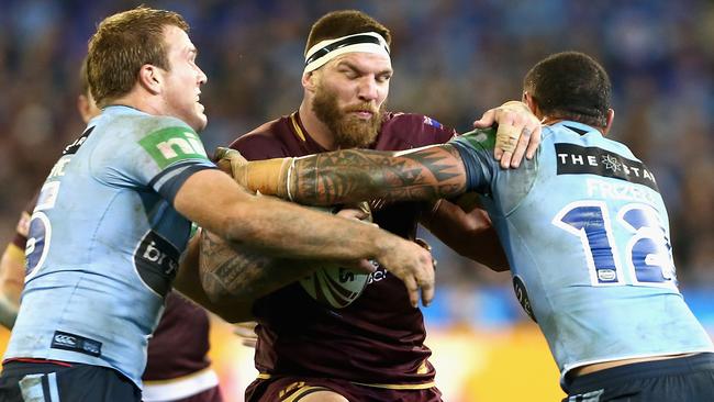 Josh McGuire on the charge for the Maroons against NSW.