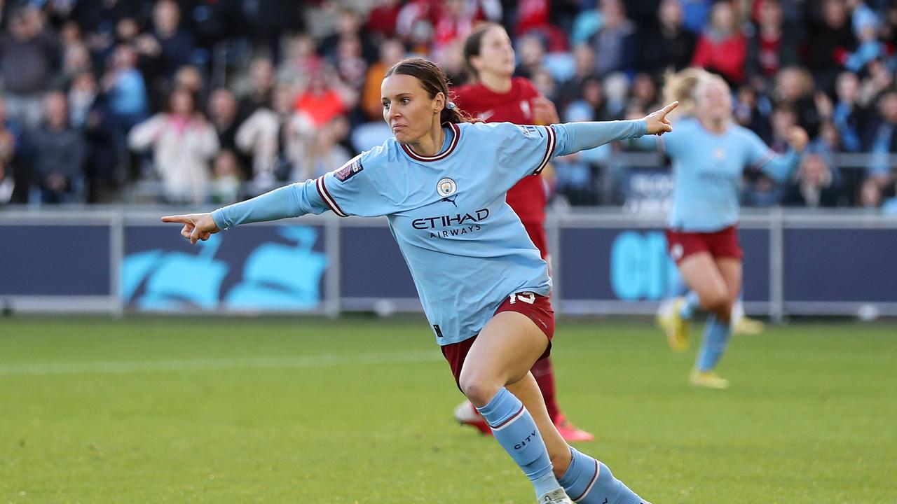 MANCHESTER, ENGLAND – OCTOBER 30: Hayley Raso of Manchester City celebrates after scoring their side's second goal during the FA Women's Super League match between Manchester City and Liverpool at The Academy Stadium on October 30, 2022 in Manchester, England. (Photo by Lewis Storey/Getty Images)