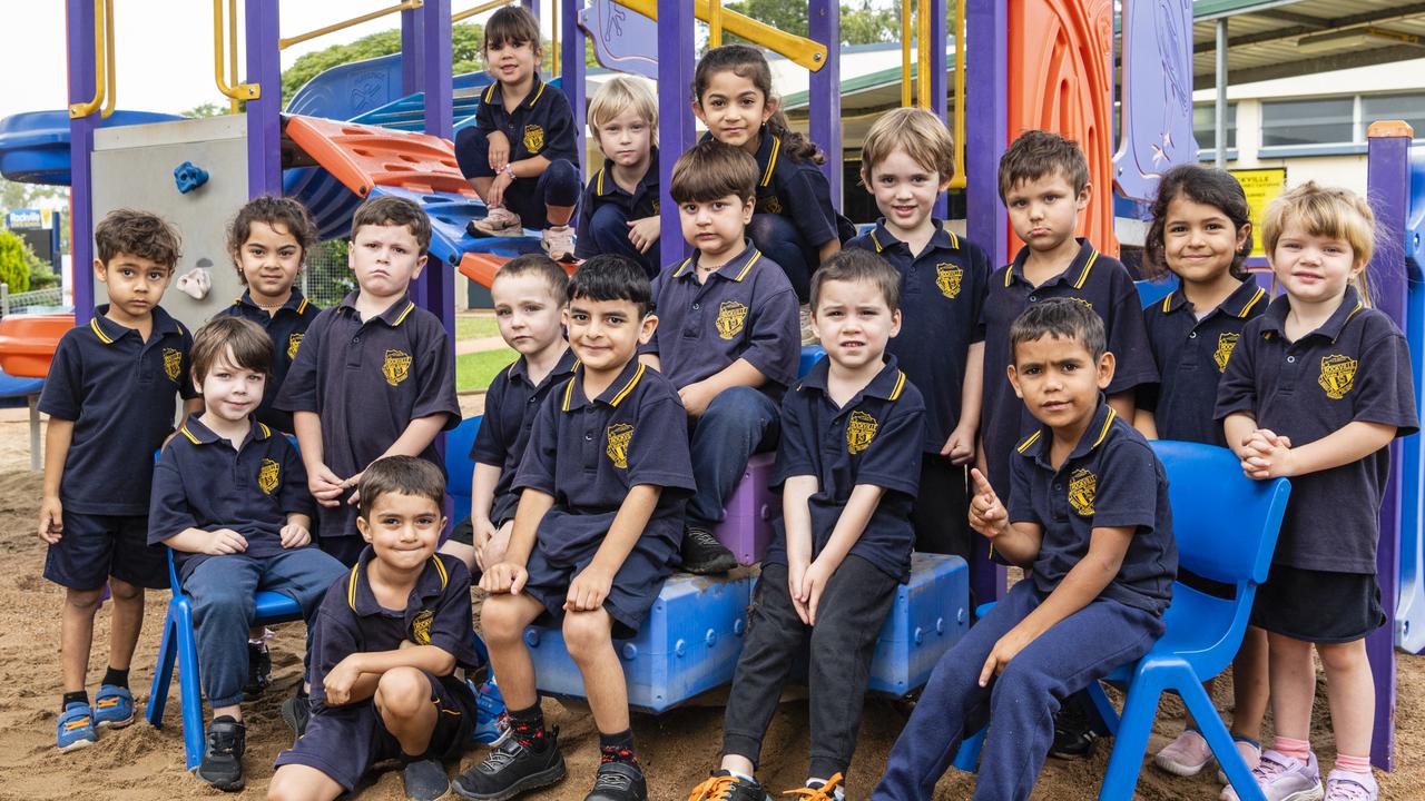 My First Year 2022: Rockville State School Prep students (from left) Jakai, Malik, Nadia, Jordan, Hayman, Layla, Kaizah, Sameh, Harry, Sipan, Haya, Henry, Phoenix, Wilmarlee (seated), Julius, Arin and Shayla, Monday, March 28, 2022. Picture: Kevin Farmer