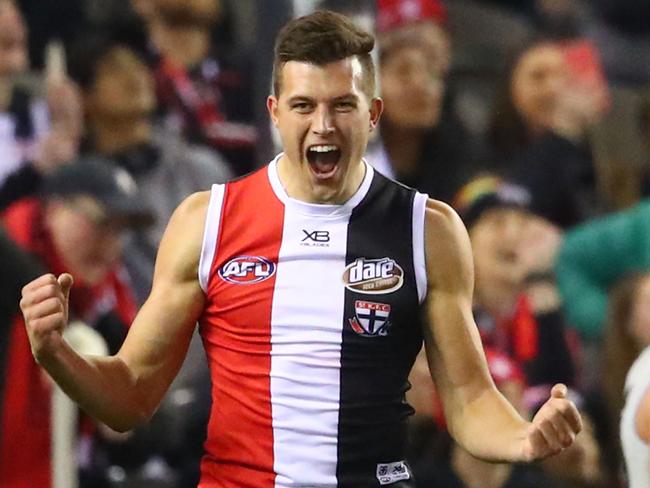 MELBOURNE, VICTORIA - JULY 13:  Rowan Marshall of the Saints celebrates after kicking a goal during the round 17 AFL match between the St Kilda Saints and the Carlton Blues at Etihad Stadium on July 13, 2018 in Melbourne, Australia.  (Photo by Scott Barbour/AFL Media/Getty Images)