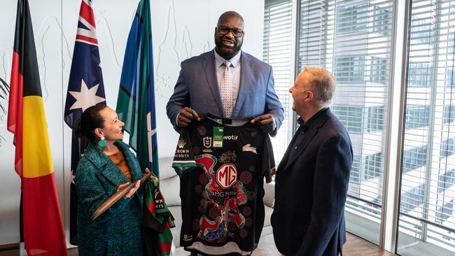 Shaquille O’Neal made a fly-in visit to meet the PM to discuss the Voice to parliament. Picture: Flavio Brancaleone