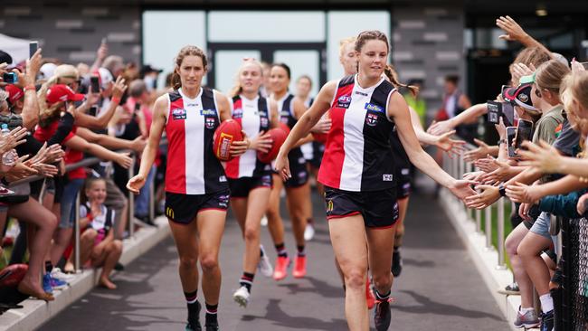 St Kilda run out before their first AFLW game. Picture: AAP Image/Michael Dodge