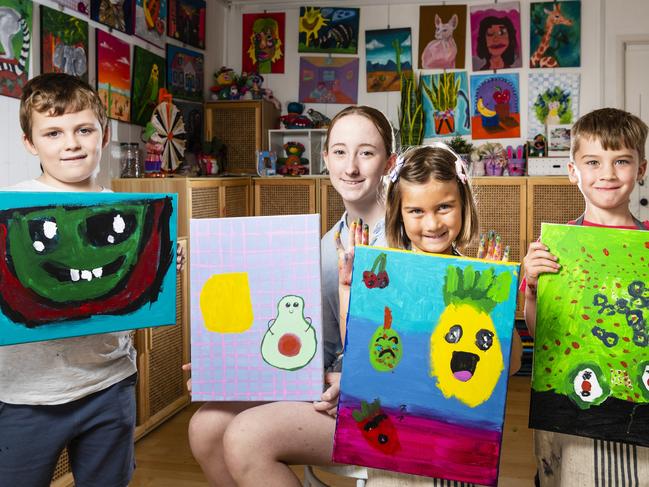 Showing their work are (from left) Traeger Avery, Abby Wilson, Skye Middleton-Kailola and Alfie Benventi after holiday kids workshops at Tinker, Monday, January 16, 2023. Picture: Kevin Farmer