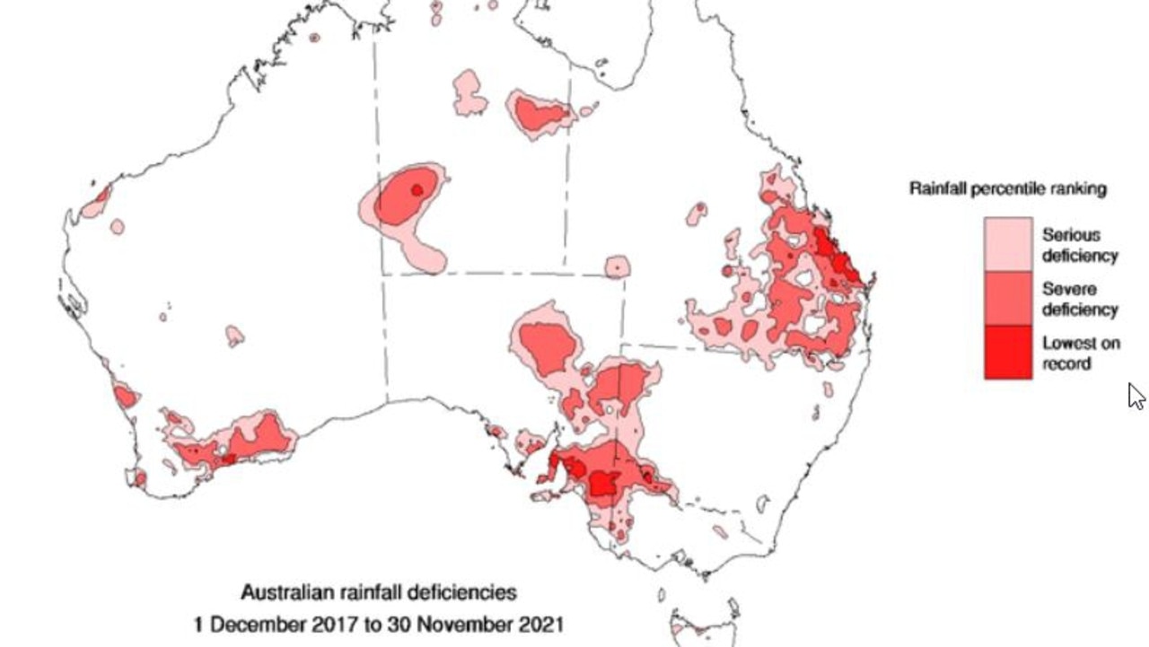 Looking over a longer period, rainfall deficiencies arise. Picture: BOM.