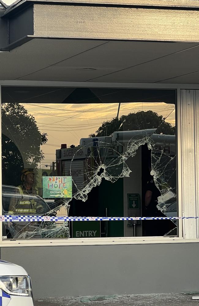 The front window of the centre was smashed in during the latest incident. Picture: Fergus Ellis