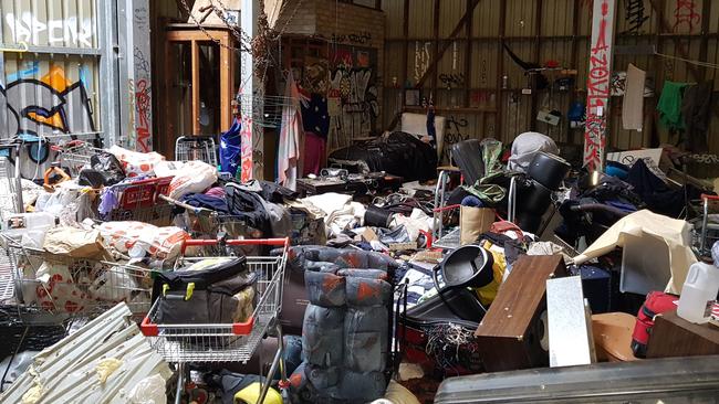 Rubbish and trolleys inside an abandoned shed on Maroondah Hwy near Hungry Jacks' Ringwood.