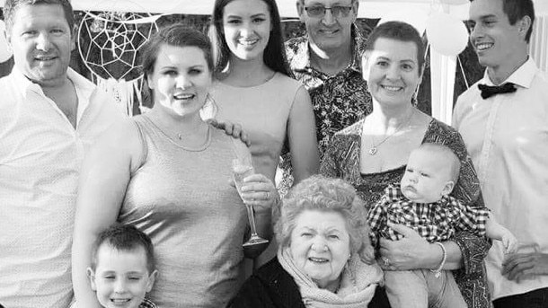 Son-in-law Paul, eldest Sarah, Maddie, Chris, Wendy, Christopher, in front Ben and Max (Sarah and Paul’s boys) and my mum Phyllis. Photo: supplied