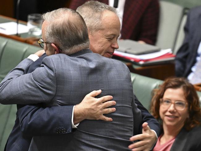 CANBERRA, AUSTRALIA  - NewsWire Photos - November 21, 2024: Prime Minister Anthony Albanese congratulates Bill Shorten after his valedictory speech at Parliament House in Canberra. Picture: NewsWire / Martin Ollman