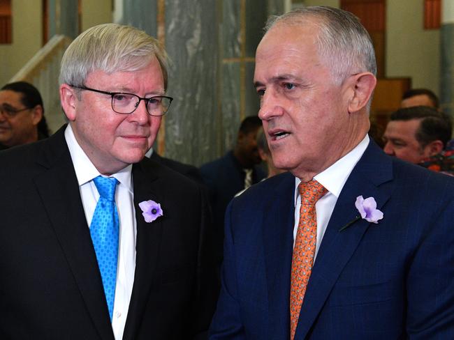 Former prime ministers Kevin Rudd (left) and Malcolm Turnbull