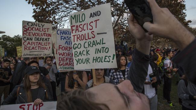 Protesters rally ahead of Conservative provocateur Milo Yiannopoulos’ speech at the University of California. Picture: AP