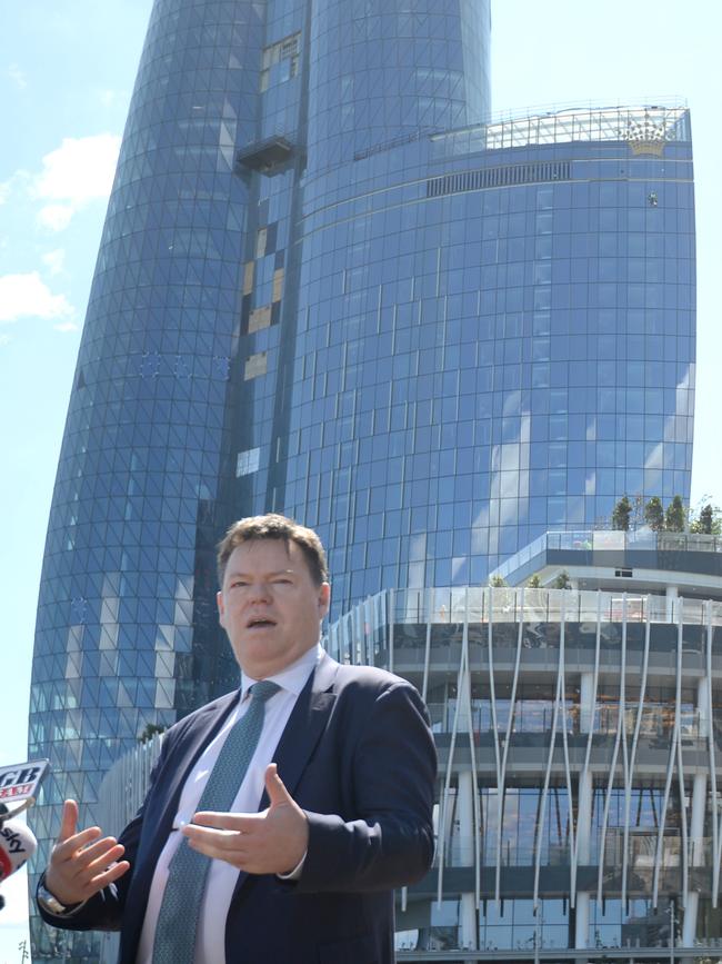 Steve McCann stands in front of Crown Resorts’ Barangaroo casino. Picture: Jeremy Piper